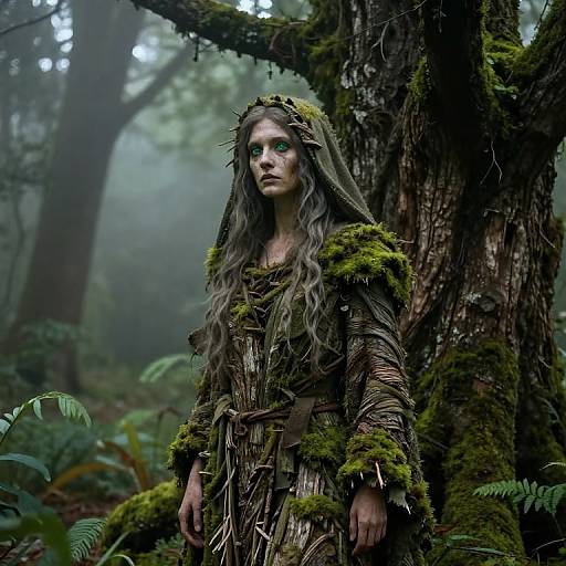 Photorealistic digital artwork of a fair-skinned, green-eyed woman with long gray hair, wearing moss-covered, wooden fantasy attire, standing in a