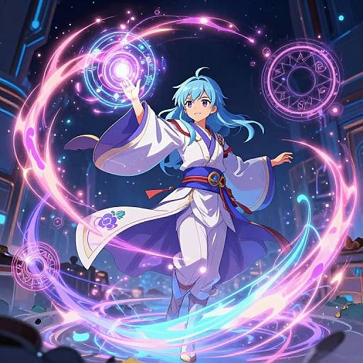 Digital anime-style artwork of a blue-haired mage in a white robe, casting a glowing purple magic spell in a futuristic city.