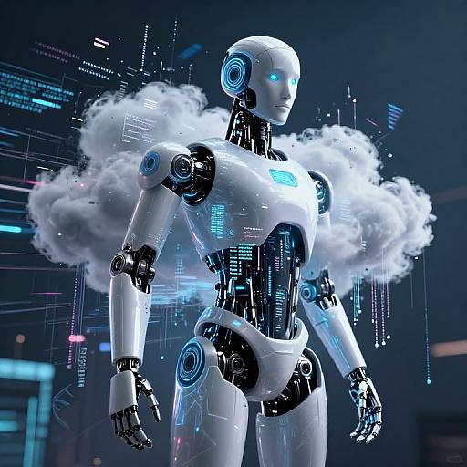 CGI image of a futuristic white and blue humanoid robot with glowing eyes, surrounded by ethereal white clouds, set against a dark, tech-filled background
