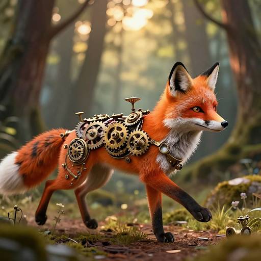 Photorealistic CGI of a red fox with intricate mechanical gears and cogs on its back, walking through a sunlit forest.