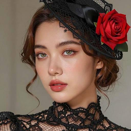 Woman in Black Lace Hat with Red Rose