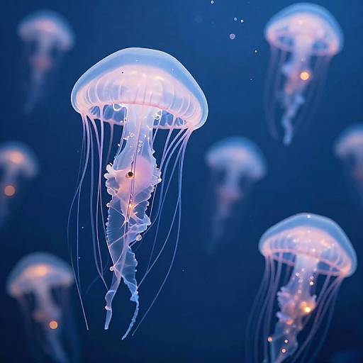 Photograph of glowing, translucent jellyfish with delicate, flowing tentacles in a deep blue underwater setting, surrounded by blurred, illuminated jellyfish.