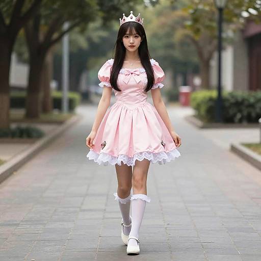 Woman in Pink Princess Dress and Crown Walking Outdoors