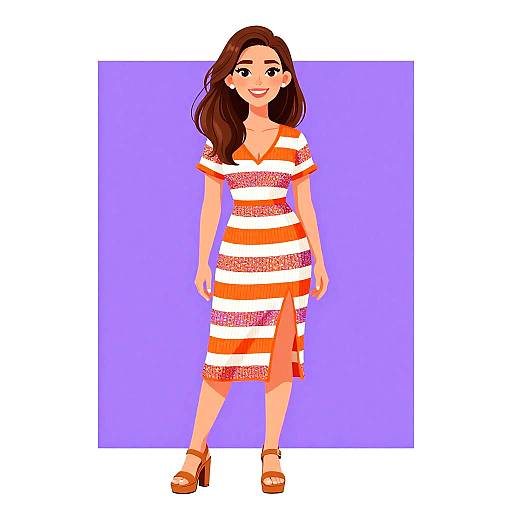 Digital illustration of a smiling woman with long brown hair, wearing a white and orange striped dress with a side slit, and brown platform sandals, against a
