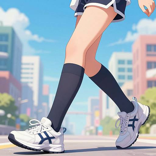 Anime-style digital drawing of a girl's legs walking in a sunny cityscape, wearing black knee-high socks, white Adidas sneakers, and a black skirt
