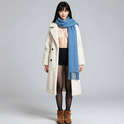 Slim Woman in Wool Coat and Blue Scarf