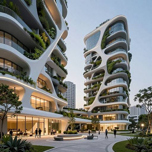 Photograph of modern, curved, white residential buildings with lush greenery, illuminated interiors, and glass balconies, set in a twilight urban courtyard.
