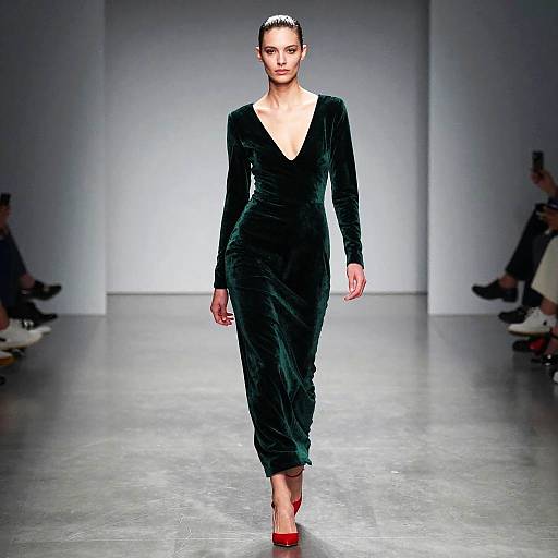 Female Model in Emerald Velvet Gown on Runway