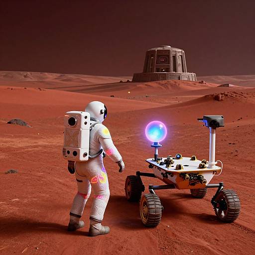 CGI image: Astronaut in white spacesuit with backpack, standing beside glowing robotic rover on red desert planet, large dome structure in background.