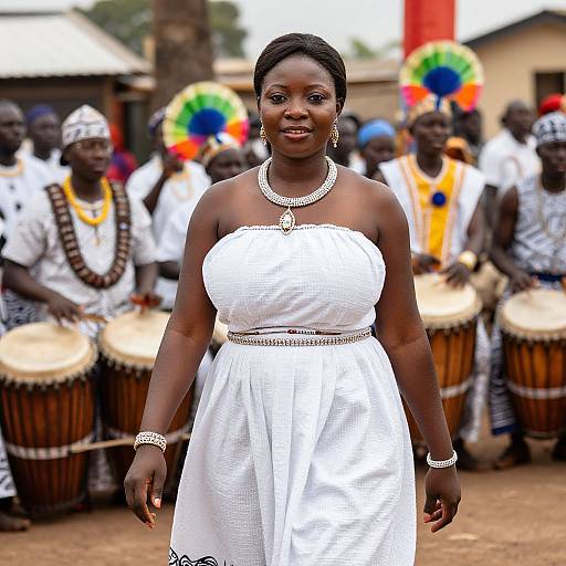Photograph of a dark-skinned African woman in a white strapless dress, adorned with jewelry, standing in front of a drumming group with colorful
