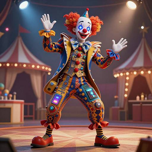 Vibrant clown in colorful, patterned outfit with red hair, blue and yellow jacket, and white face stands on circus stage, hands raised,