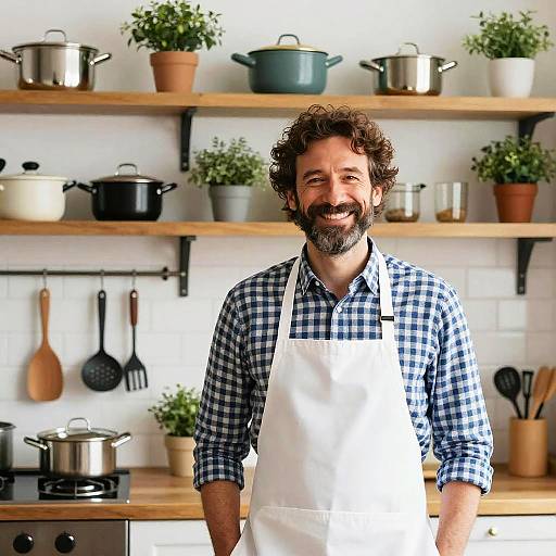 Photograph of a smiling bearded man with curly brown hair, wearing a blue checkered shirt and white apron, standing in a bright, modern