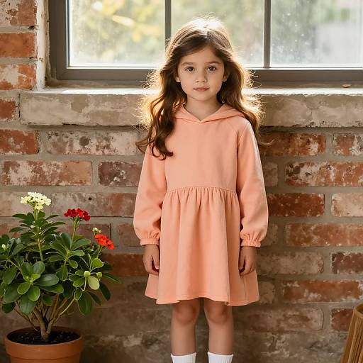 Photograph of a young girl with long brown hair, wearing a peach dress and white socks, standing in front of a sunlit brick wall with p