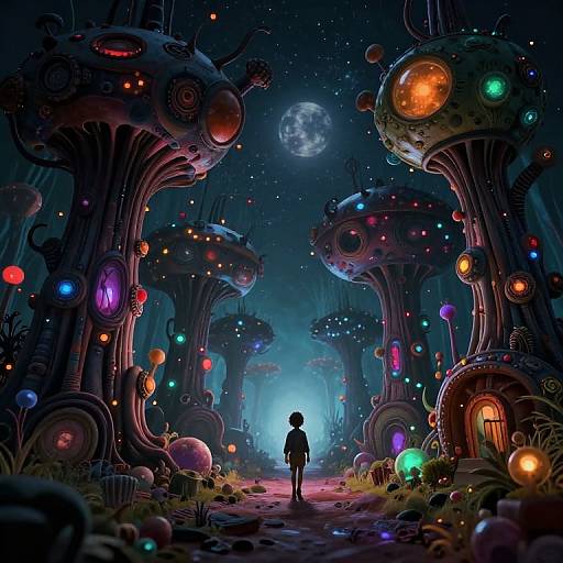 Fantastical, neon-lit forest with towering, glowing, sci-fi mushrooms; a silhouetted figure stands at the path's center under
