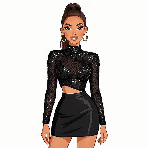 Digital illustration of a confident woman with dark skin, high ponytail, large hoop earrings, wearing a sequined black long-sleeve crop top and