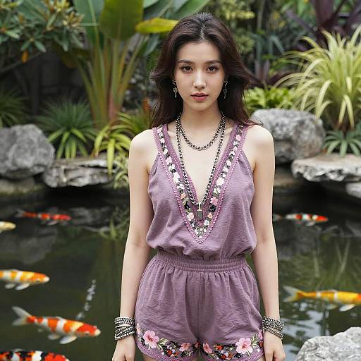 Asian woman with long black hair, wearing floral purple romper, standing in front of a koi pond with colorful fish, surrounded by lush greenery