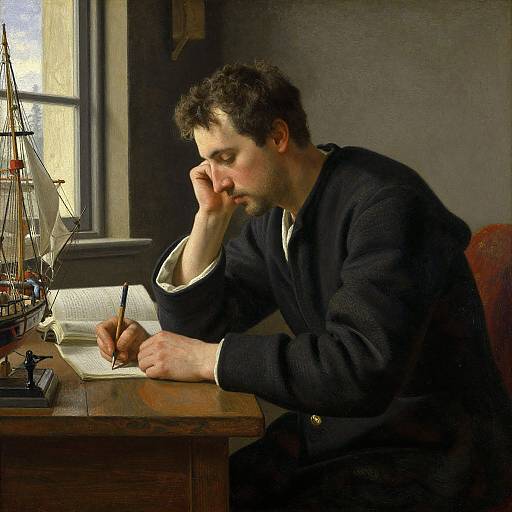Focused Man with Ship Model Scene