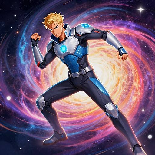 Digital anime-style drawing of a blonde, muscular man in blue and silver armored suit, fighting pose, against a swirling, colorful cosmic background.