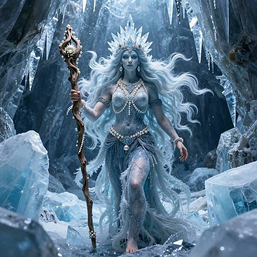 Fantasy illustration of a silver-haired, blue-skinned queen with a crown, wearing a bejeweled, translucent dress, holding a staff,