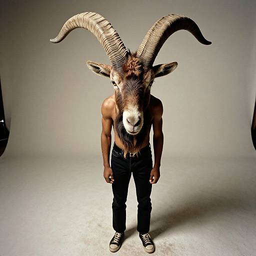 Photograph of a shirtless, muscular man with a goat's head, large curved horns, black pants, and sneakers, standing against a plain gray