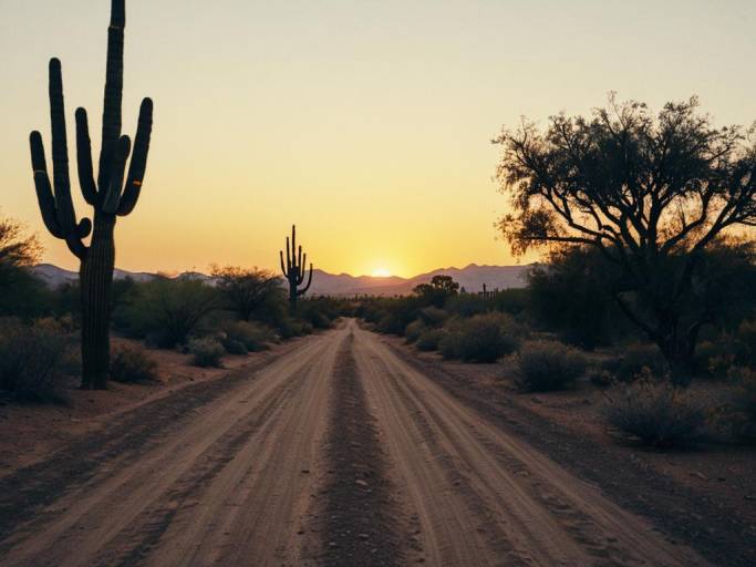 Desert Sunset Landscape with Dirt Road