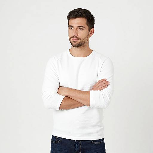 Photograph of a handsome, bearded man with short dark hair, wearing a white t-shirt and dark jeans, standing with arms crossed against a white