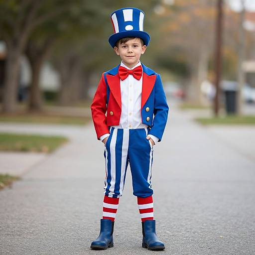 Photograph of a young boy in a patriotic costume with red, white, and blue outfit, top hat, and striped pants, standing on a suburban