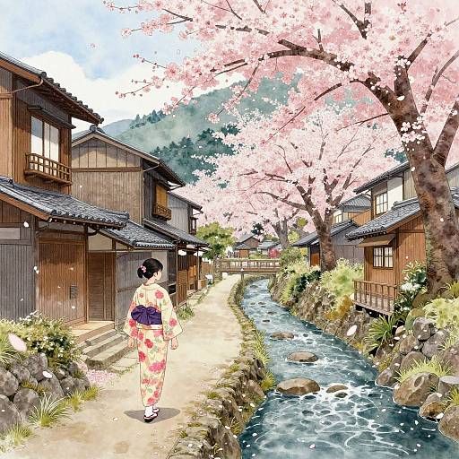 Digital anime-style illustration of a Japanese woman in a red and white kimono walking along a cherry blossom-lined path beside a flowing stream, with traditional wooden