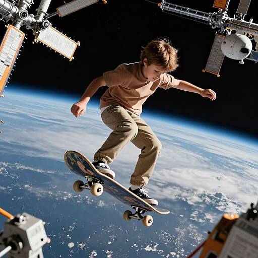 Boy Skateboards in Zero Gravity Space Station