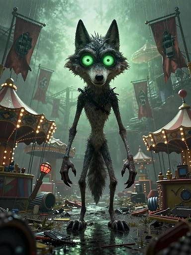 Digital artwork of a creepy, green-eyed, tall, slim, black-furred wolf with glowing eyes standing in a rainy carnival at night.