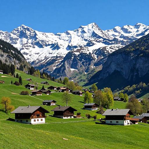 Photograph of a picturesque alpine village with wooden chalets, lush green fields, and snow-capped mountains under a vivid blue sky.