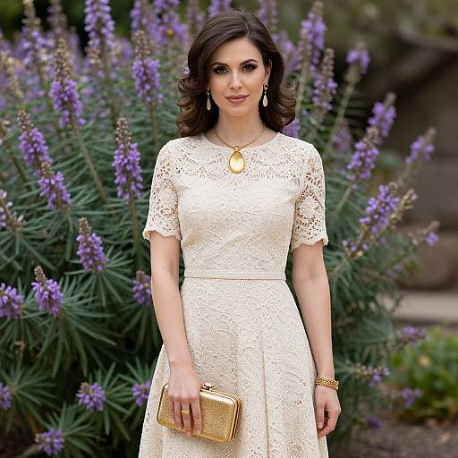 Photograph of a woman with wavy brown hair, wearing a white lace dress, gold necklace, earrings, and clutch, standing in front of purple