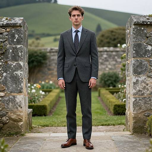 Photograph of a serious-looking man in a dark gray suit, white shirt, and black tie, standing between stone garden pillars, with a lush green