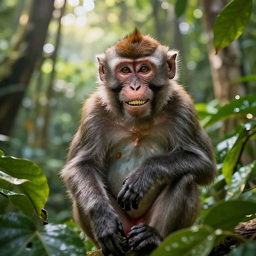 Photograph of a grinning monkey with brown fur and white face, sitting amidst lush green foliage in a sunlit forest.