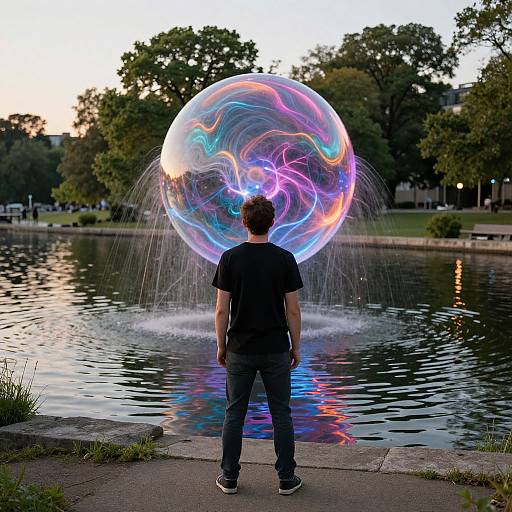 Photograph of a man in black shirt and jeans, standing by a lake, watching a vibrant, iridescent bubble hovering above the water at sunset