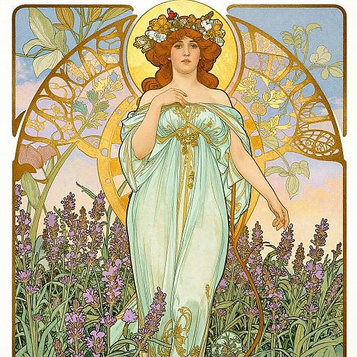 Art Nouveau Woman in Lavender Garden