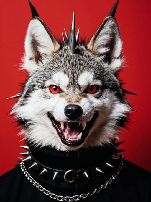 Fierce Wolf with Spiked Collar and Red Eyes