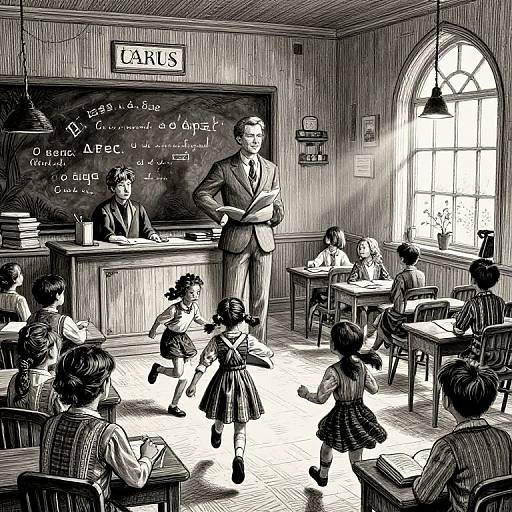 Black-and-white drawing of a 1950s classroom: male teacher in suit lectures, young girls in dresses and blouses, chalkboard with equations
