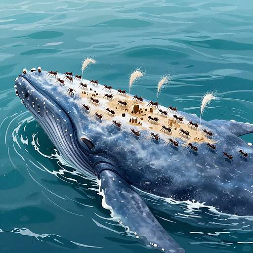 Photograph of a large blue whale with barnacles on its back, swimming in turquoise ocean water, with splashes of water around its head.
