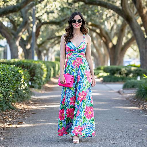 Photograph of a smiling woman in a colorful floral maxi dress, black sunglasses, and pink clutch, walking on a sunlit, tree-lined path.