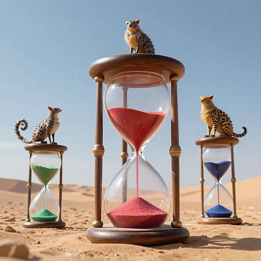 Photograph of three hourglasses with leopard figurines atop, red, green, and blue sands, standing on sandy desert under clear blue sky.
