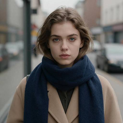 Young woman in beige coat with blue scarf in urban setting