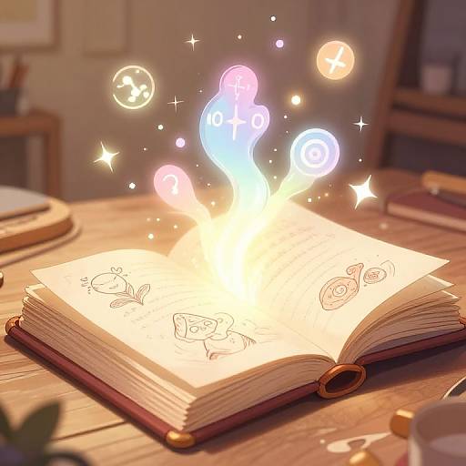 Photograph of an open magical book on a wooden table, glowing with colorful, ethereal symbols and sparkles, surrounded by softly lit, cozy background