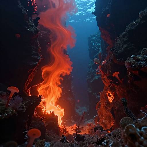 Photograph of a vibrant underwater scene with bright orange flames between dark rocky walls, surrounded by glowing red and white corals.