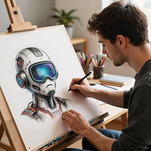 Photograph of a bearded man in a black shirt, drawing a futuristic, cybernetic head with blue visor on an easel, surrounded