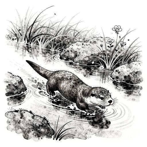 Monochrome Calligraphic Otter Dive