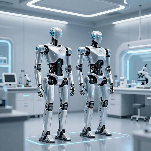 Photorealistic CGI of two silver humanoid robots with blue glowing eyes standing in a modern, brightly lit laboratory with white desks and scientific equipment.