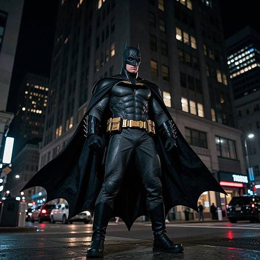 Photograph of a muscular Batman standing in a dark, neon-lit city street at night, wearing a black suit, cape, and mask, with