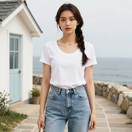 Photograph of an Asian woman with long black hair in a braid, wearing a white t-shirt and blue jeans, standing outside a white house with