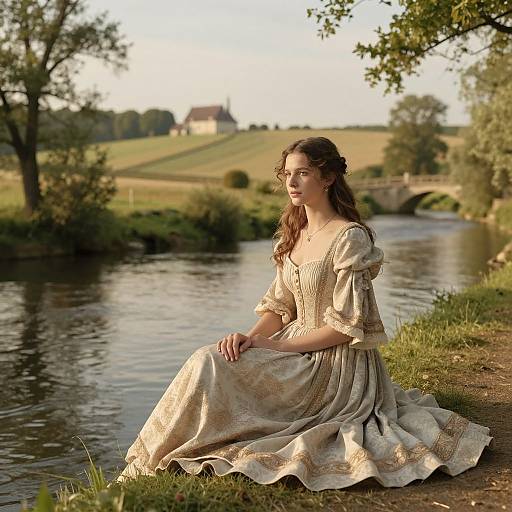 Photograph of a fair-skinned woman with long brown hair in a cream-colored, embroidered dress, sitting by a calm river in a sunlit,